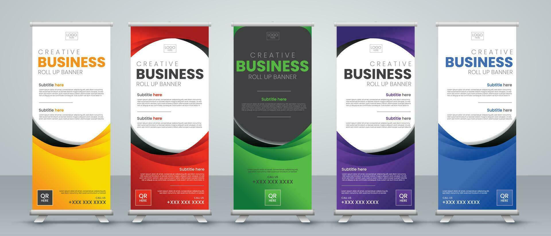 roll up banner design for events, presentations, annual meetings, banners, marking, sales, with dark and light modes with print ready red, purple, green and blue colors vector
