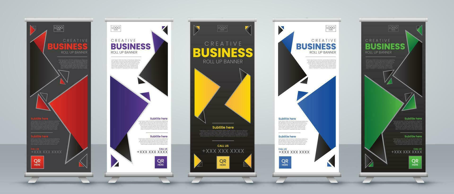 roll up banner design for events, presentations, annual meetings, banners, marking, sales, with dark and light modes with print ready red, purple, green and blue colors vector