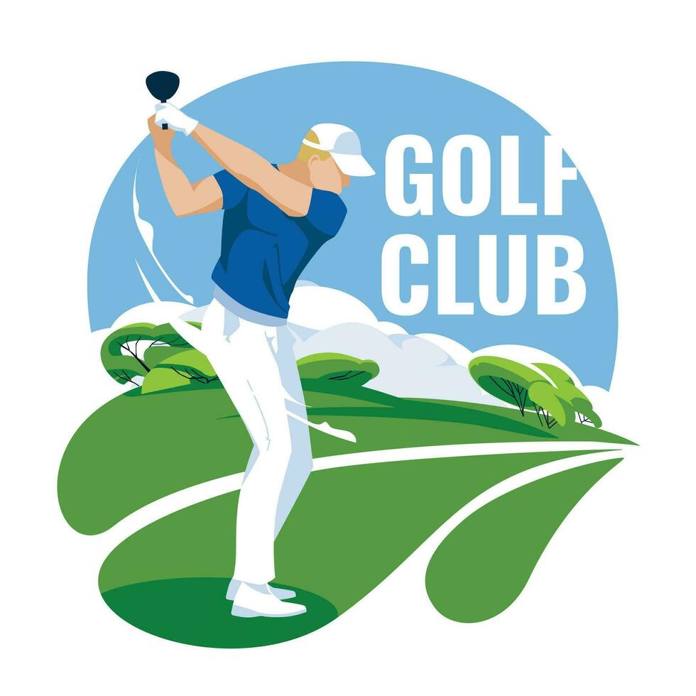 A golfer in a sports uniform is practicing on a green grass field. Advertisement of matches, competitions, sports clubs. Vector flat illustration