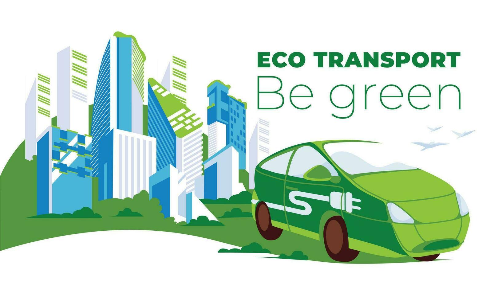 Green energy and safe environment concept, electric car on green city background. Vector flat illustration