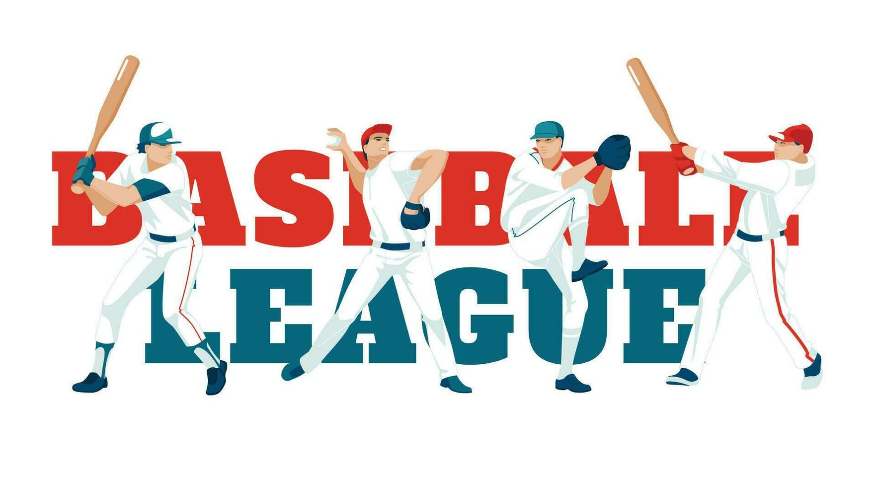 Baseball players in sports uniforms in various poses on the background of large text. Advertisement of matches, competitions, sports clubs. Vector flat illustration