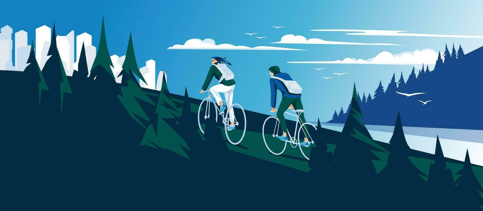 Concept of green energy and safe environment, woman and man on bicycles on green forest background. Vector flat illustration