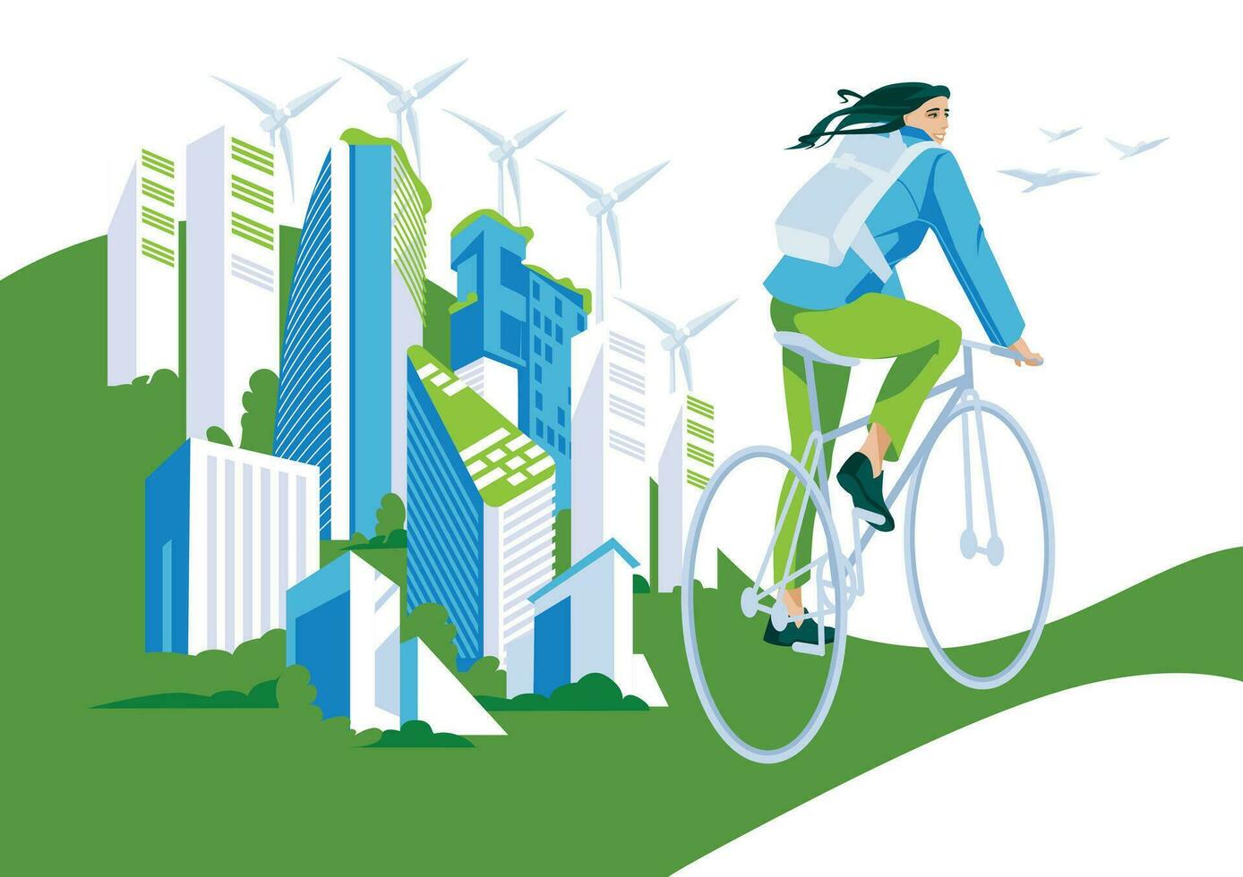 Concept of green energy and safe environment, woman on bicycle on green city landscape background. Vector flat illustration