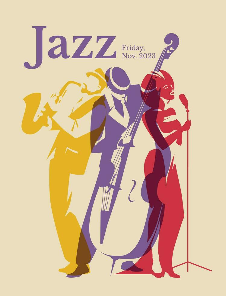 vistoso cifras siluetas un grupo de Tres jazz músicos. cantante, saxofón, doble bajo. concierto, música club, entretenimiento póster. vector plano ilustración