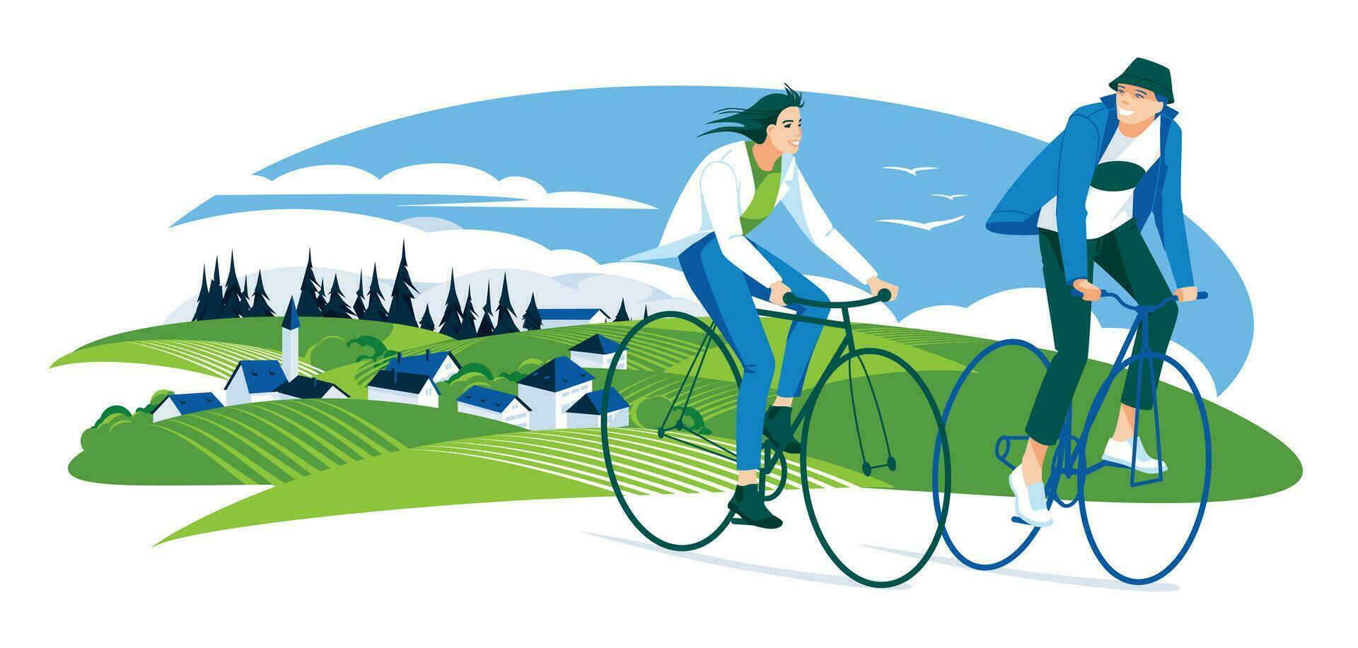 Concept of green energy and safe environment, cyclists, man and woman on green village background. Vector flat illustration