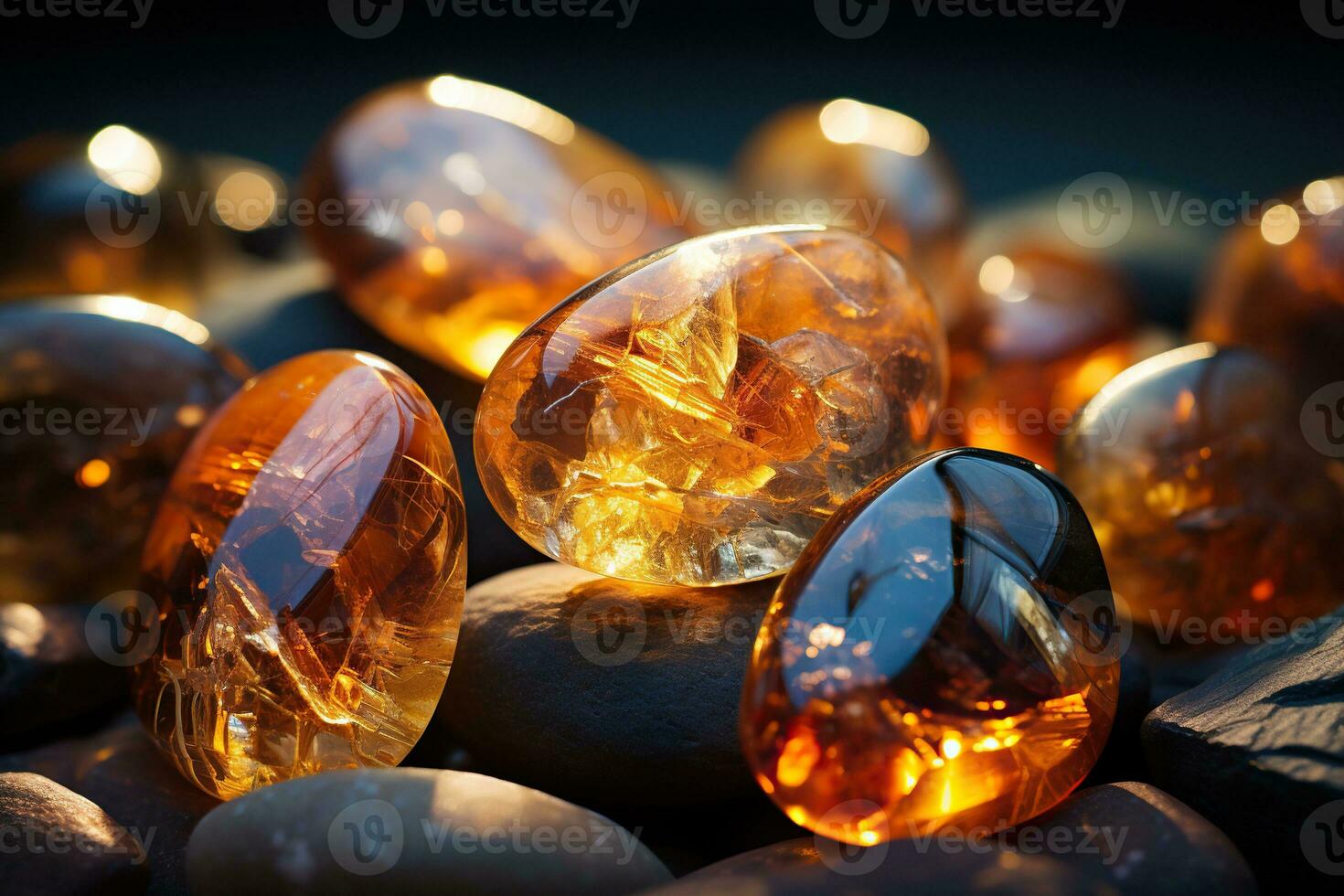 Many amber glowing stones, horizontal background. Generative AI photo