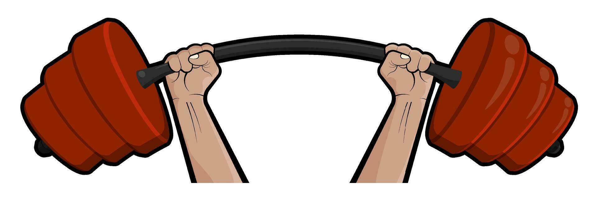 Strong hands hold heavy barbell overhead. Motivation for athletes, emblem for gym. Cartoon vector on blank background