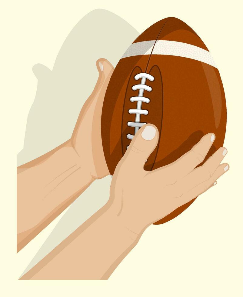 Strong male hands of athlete hold and catch sports ball for american football. Team sports. Active lifestyle. Cartoon vector
