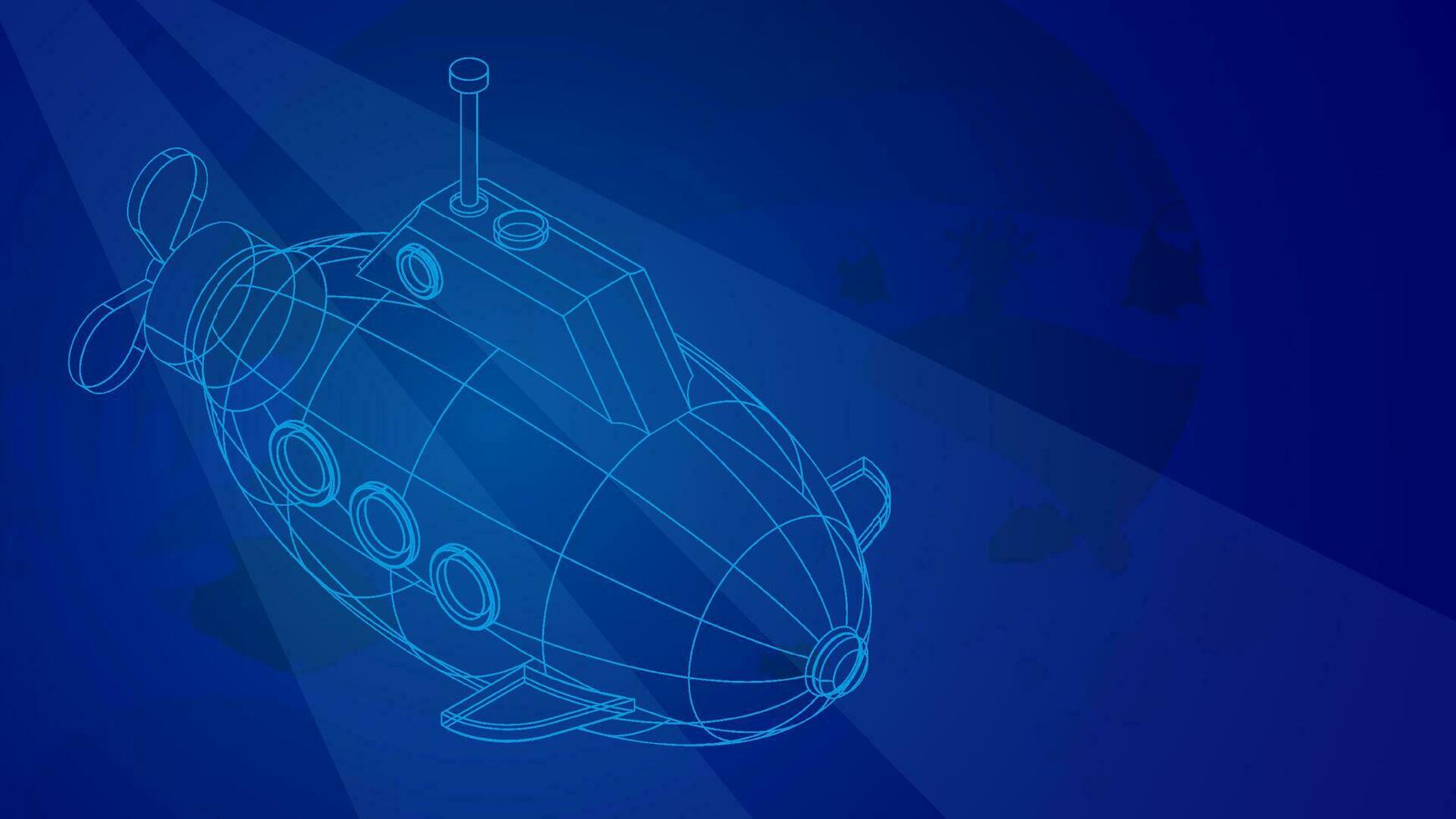 toy submarine in wireframe low poly mesh on blue underwater background. Children toys and entertainment. Underwater research. 3d vector