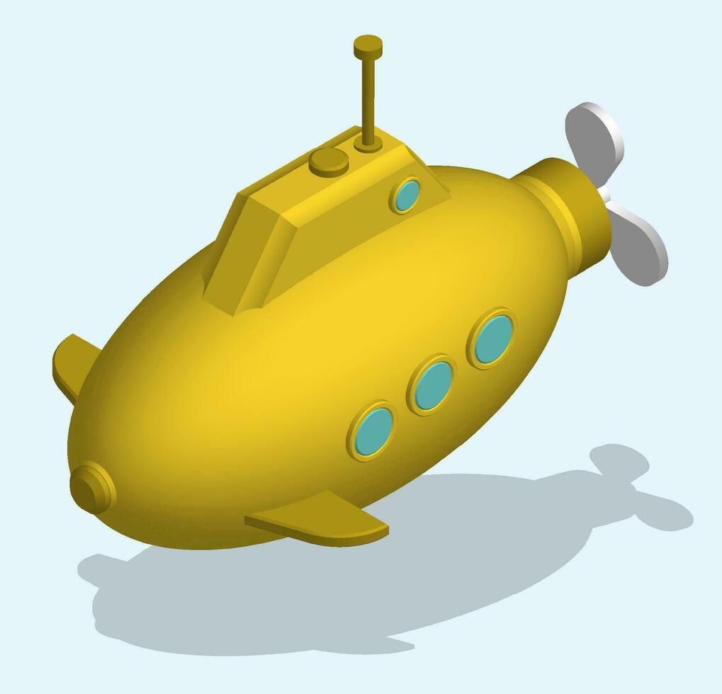 toy submarine in isometric view isolated on blue background. Children toys and entertainment. Underwater research. Realistic 3D vector