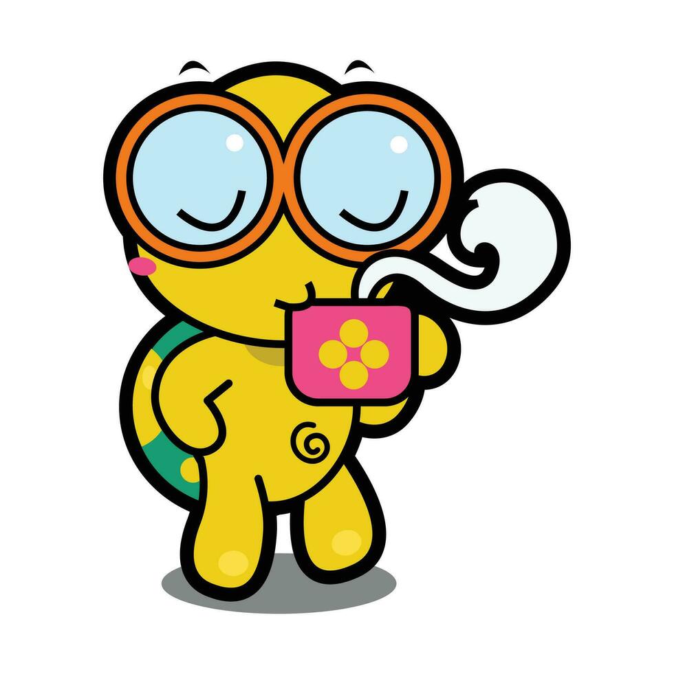Cute Turtle Drinking Cup Coffee Cartoon Vector Icon Illustration. Animal Coffee Icon Concept Isolated Premium Vector. Flat Cartoon Style