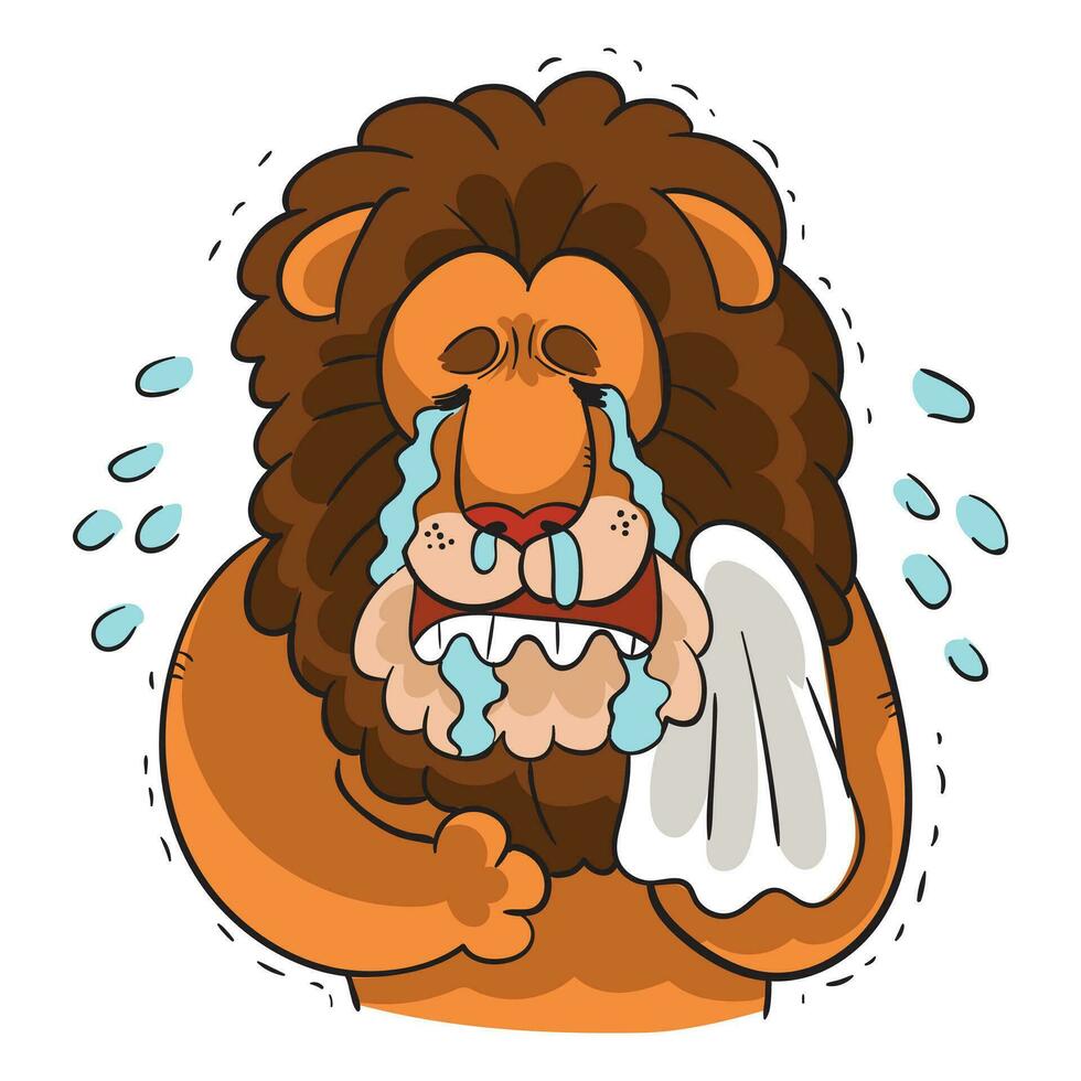 Lion Crying His Eyes out character cartoon sad, frustrated Lion cub crying, tears sticker emoticon for site, infographic, video, animation, website, e-mail, newsletter, report, comic vector