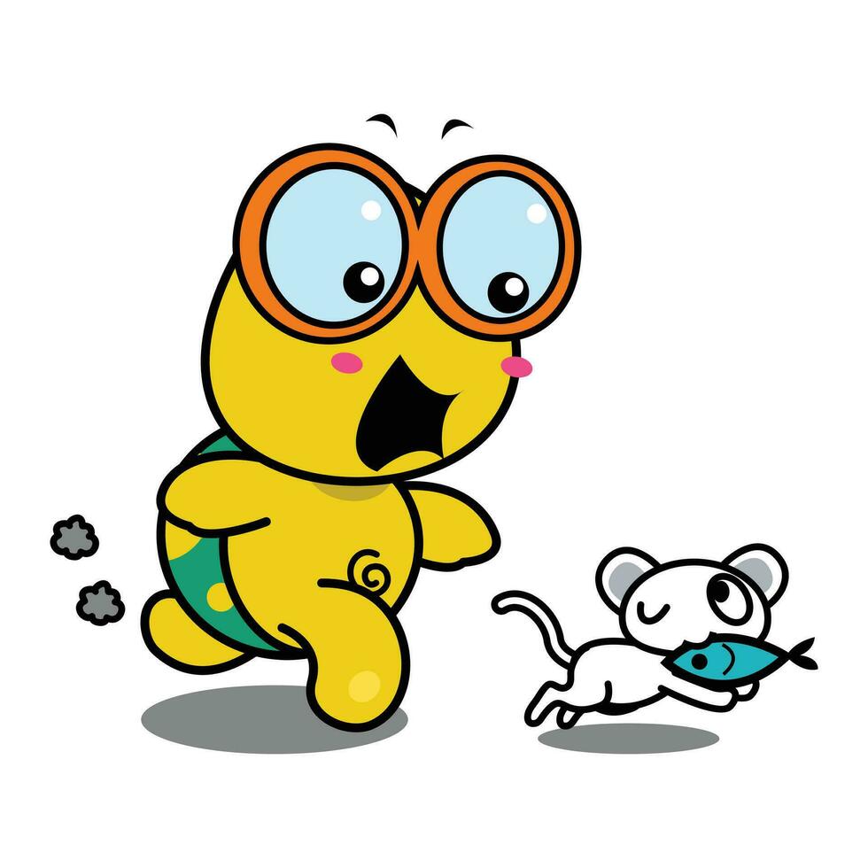 Cute Animals Tortoise chasing mouse cartoon illustration vector