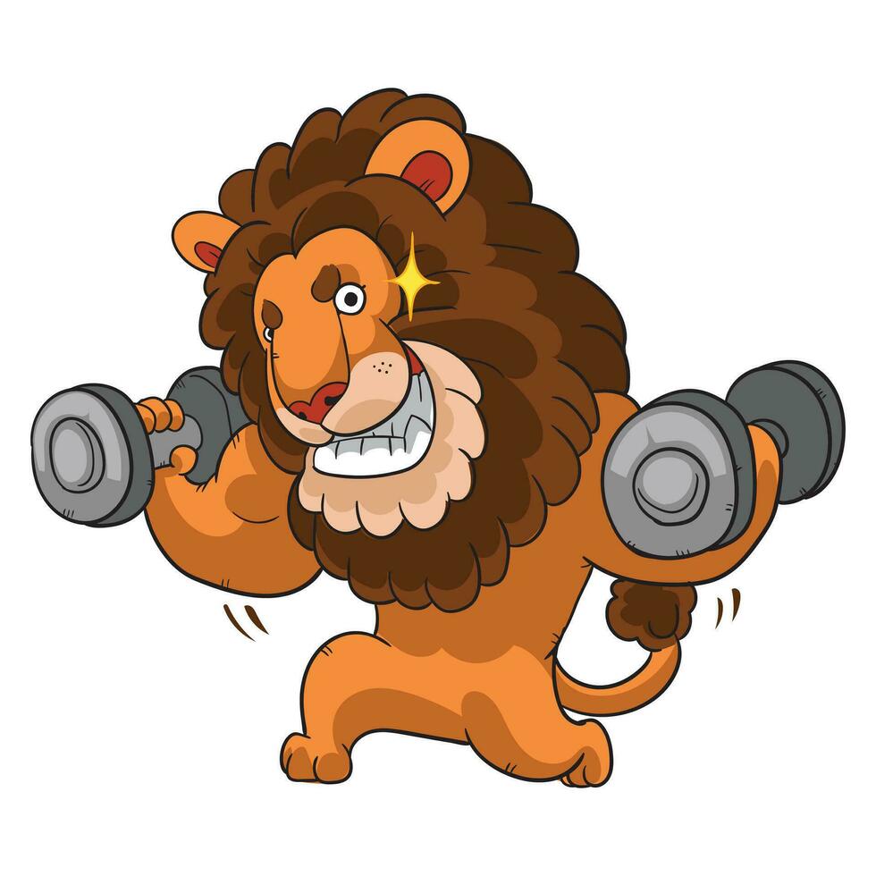 Cartoon lion lifting weights and feeling confident vector