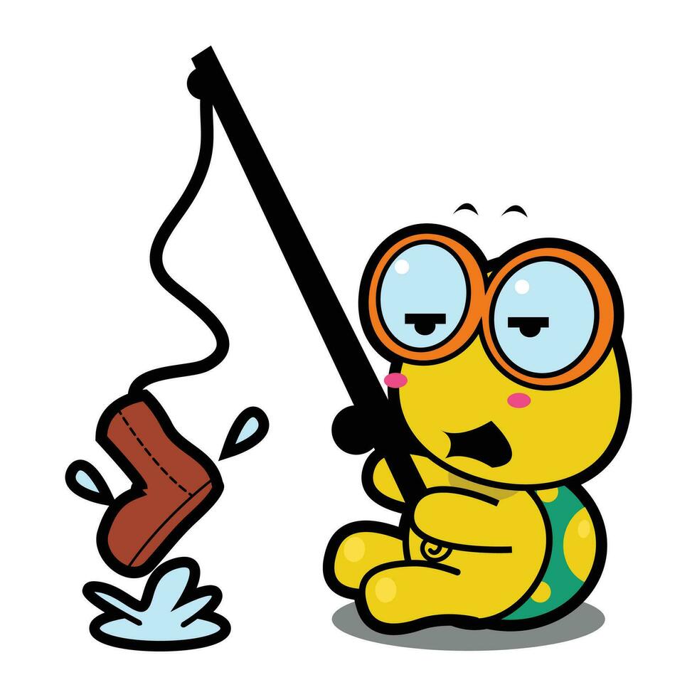 Cute Funny Tortoise with a fishing rod cartoon vector illustration