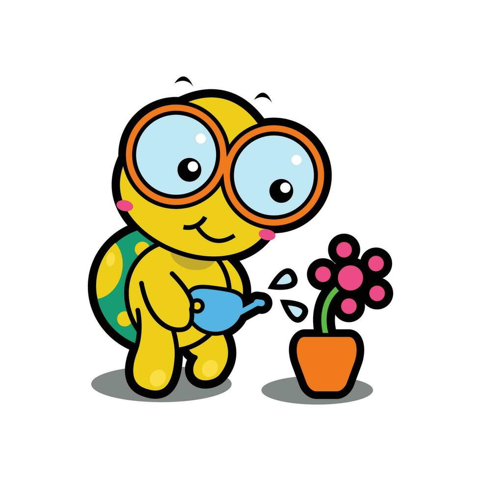 Cute and funny Tortoise watering flower. Happy smiling tortoise standing on back paws. Funny childish animal vector
