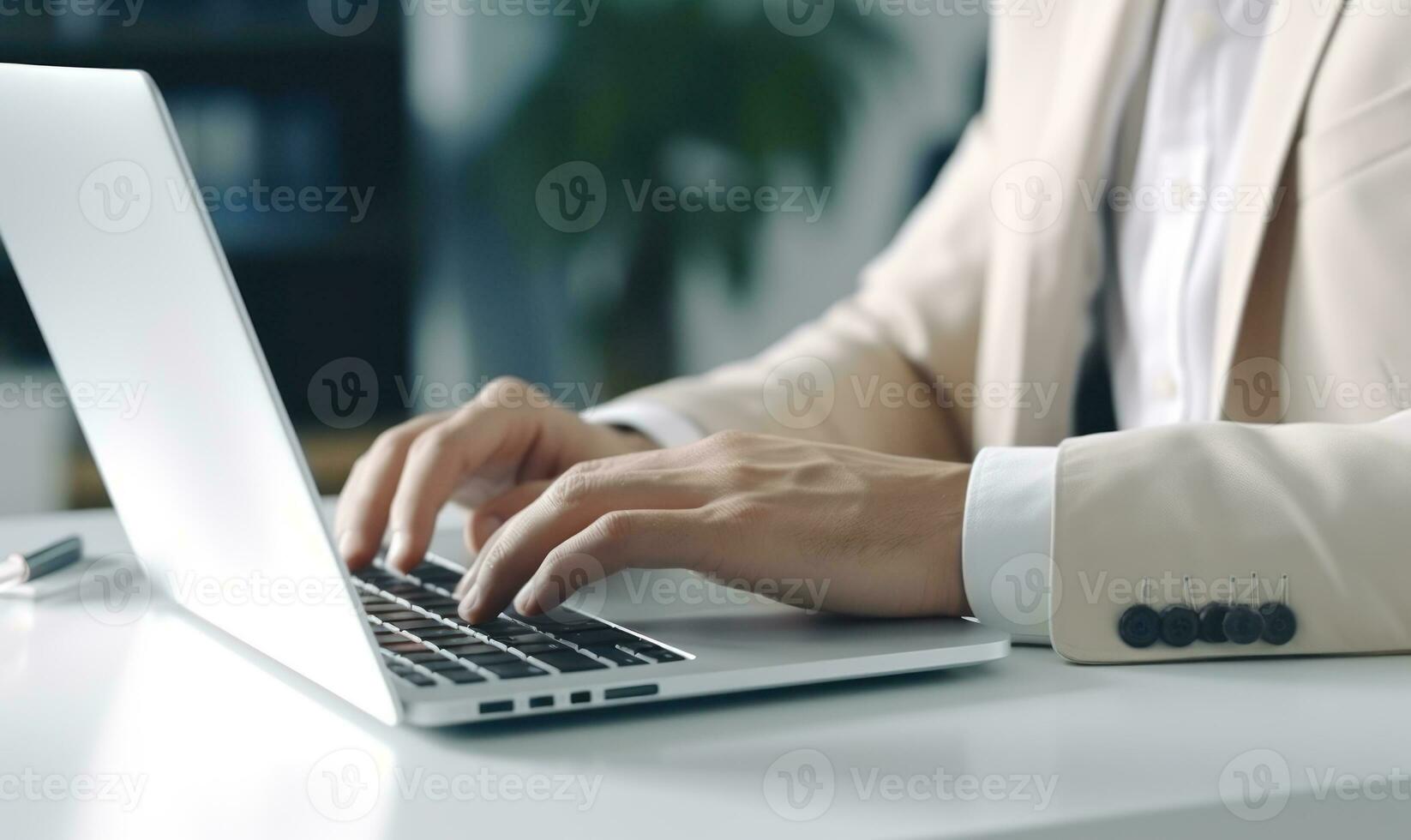 Close up portrait typing keyboard on laptop computer. Working online on white table at office AI Generated photo