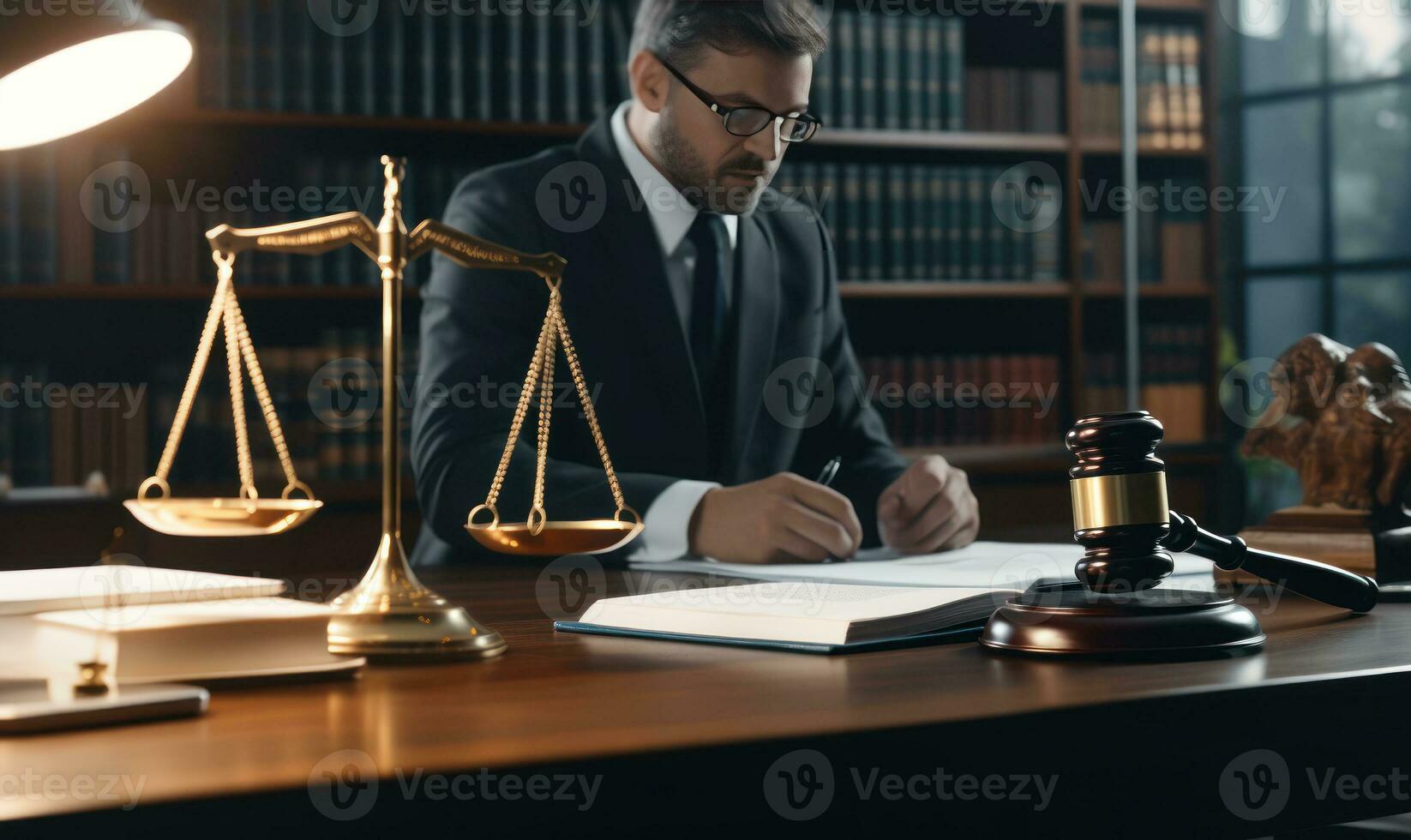 concept of justice and law Judge in courtroom on wooden table and consultant or lawyer working in office AI Generated photo