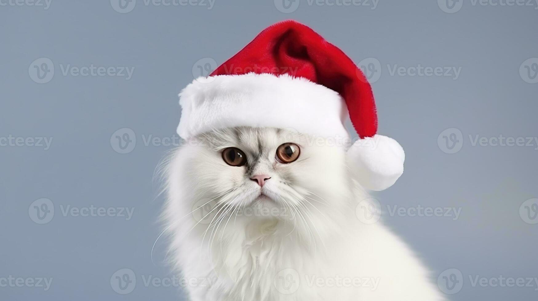 Cute White Cat with Christmas Hat Isolated on the Minimalist Background photo