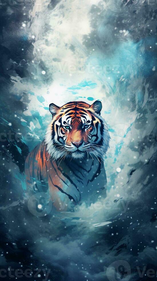 a textured background surrounded by an angry male tiger in water color style, vertical format, background image, generative AI photo