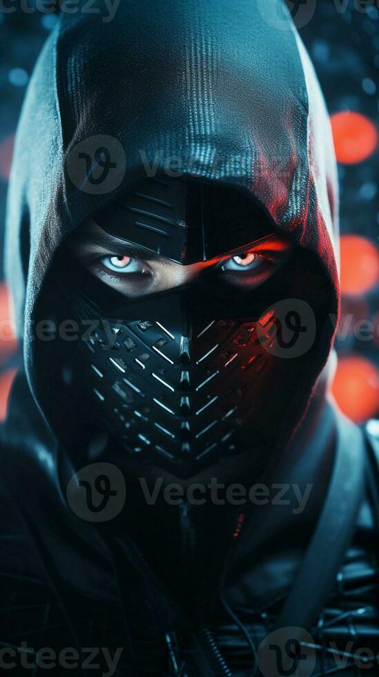 futuristic modern ninja portrait with space for text on the left side, background image, vertical format, generative AI photo