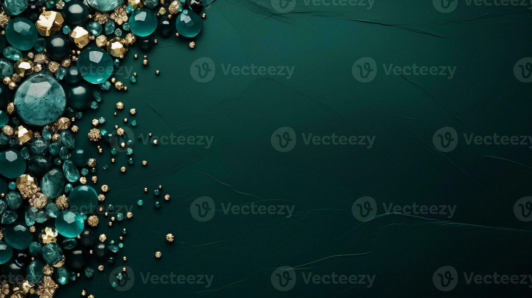 space for text on textured background surrounded by beautiful emeralds, background image, generative AI photo