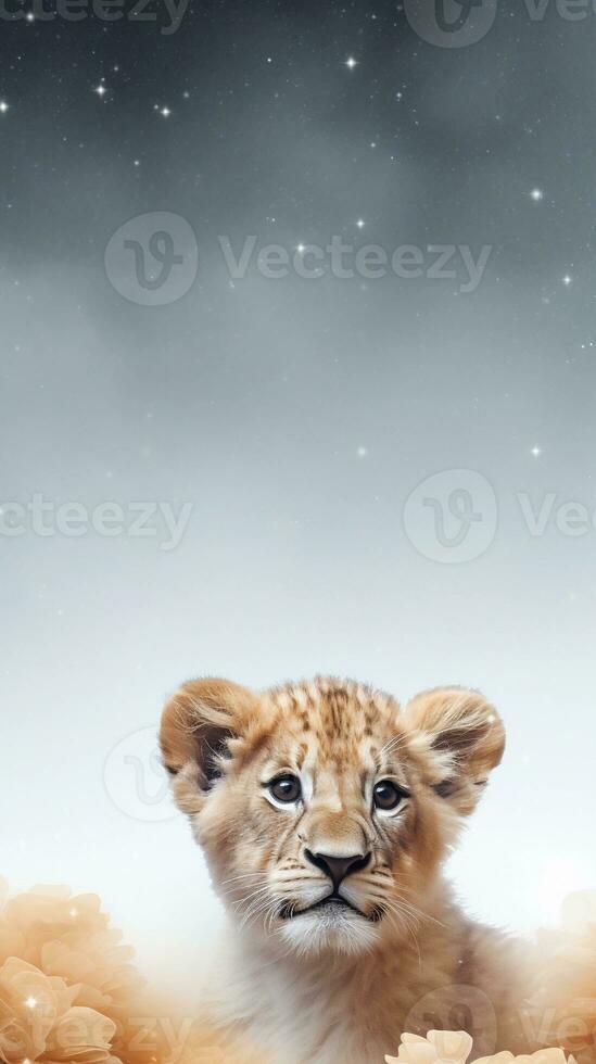 Textured background surrounded by cute lion cubs, background image, vertical format, generative AI photo