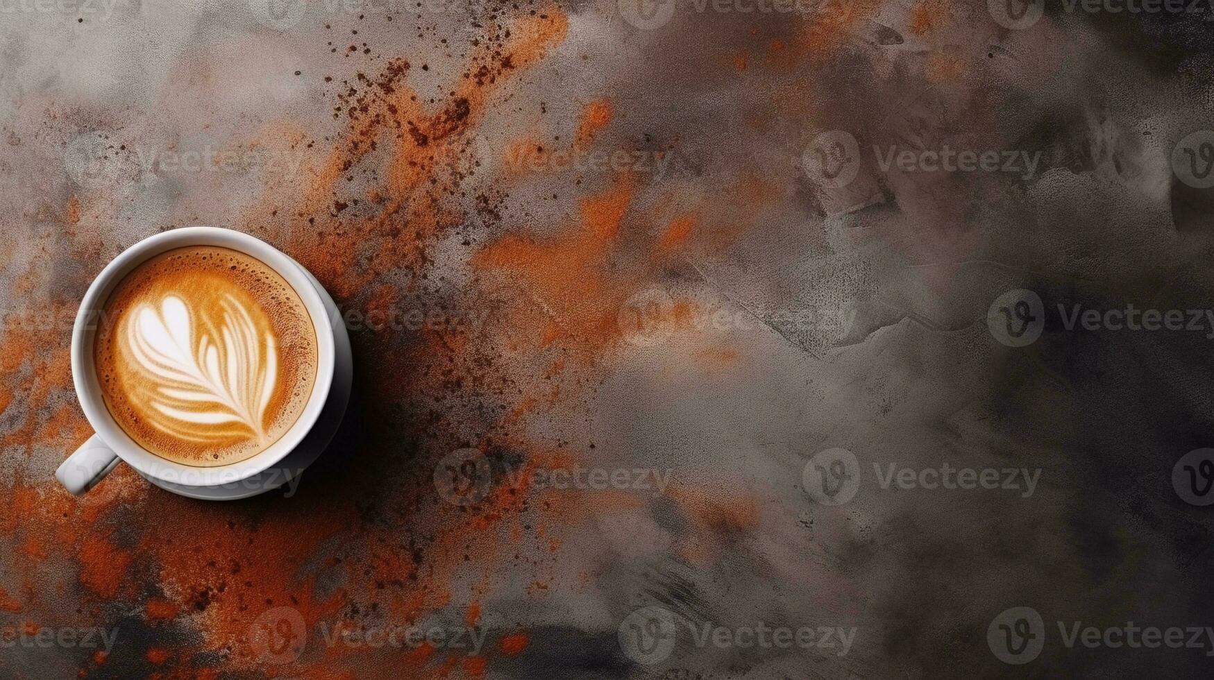 space for text on textured background surrounded by hot coffees from top view, background image, AI generated photo
