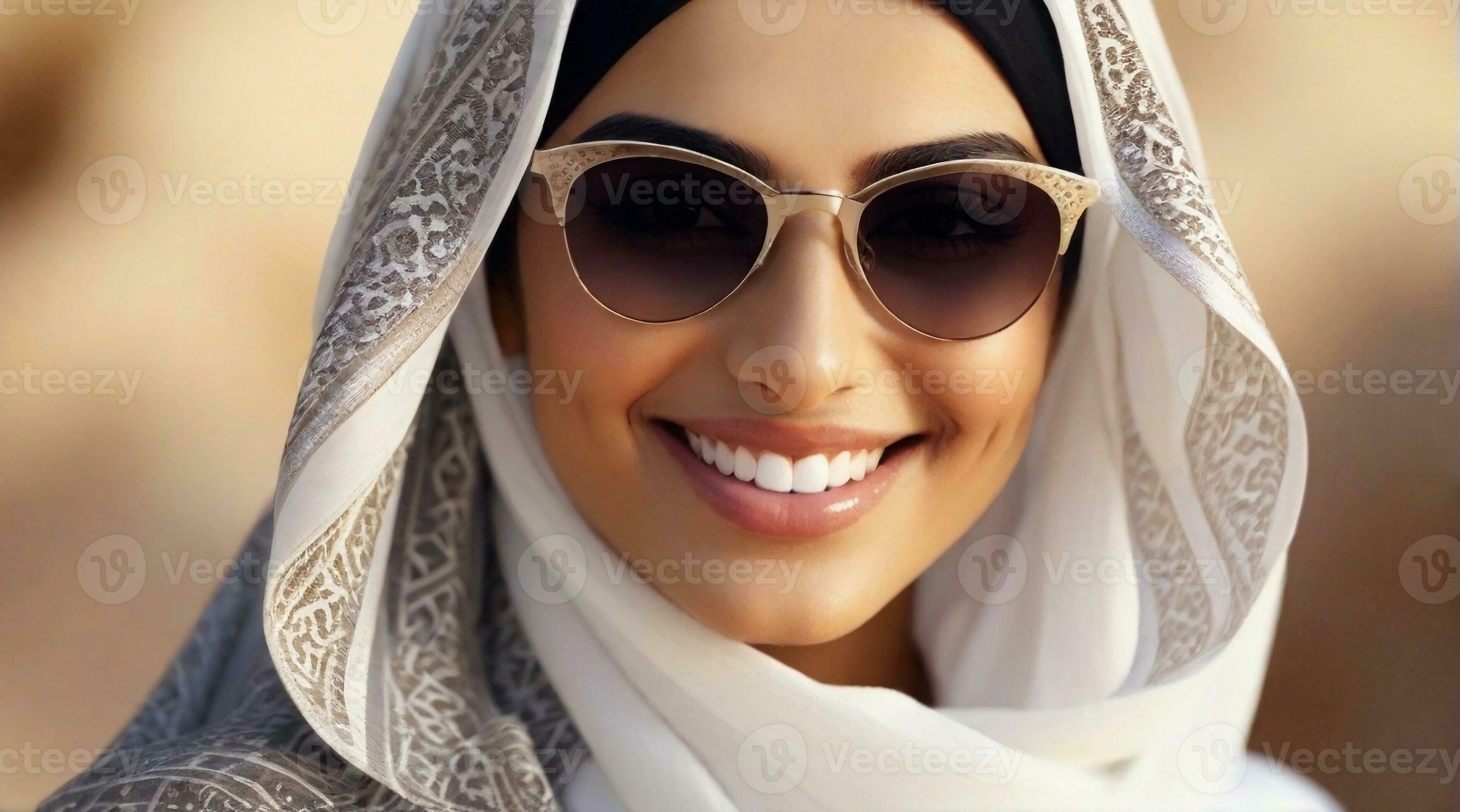 beautiful smiling arabic female wearing sunglasses portrait with space