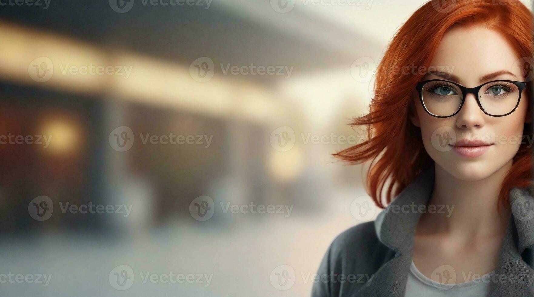 beautiful red hair female wearing glasses portrait with space for text, background image, AI generated photo