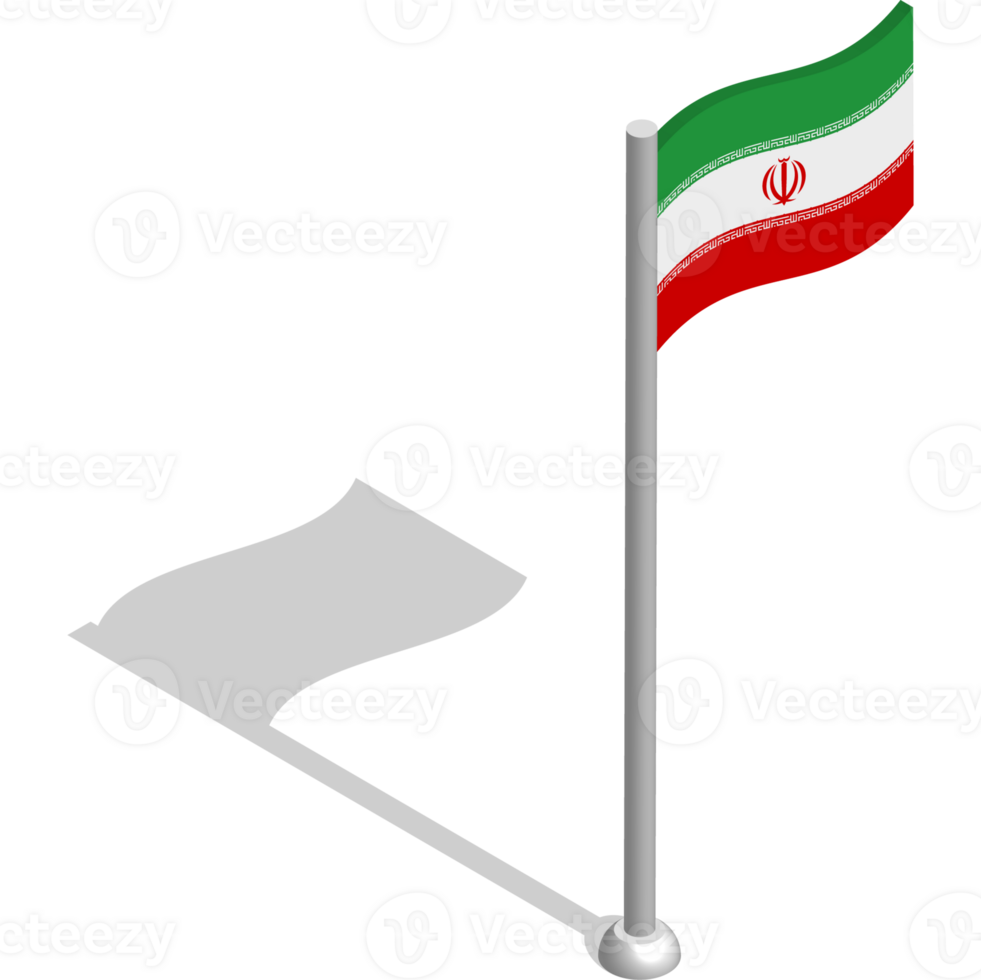 Isometric flag of Republic of IRAN in motion on flagpole. National banner flutters in wind. PNG image on transparent background
