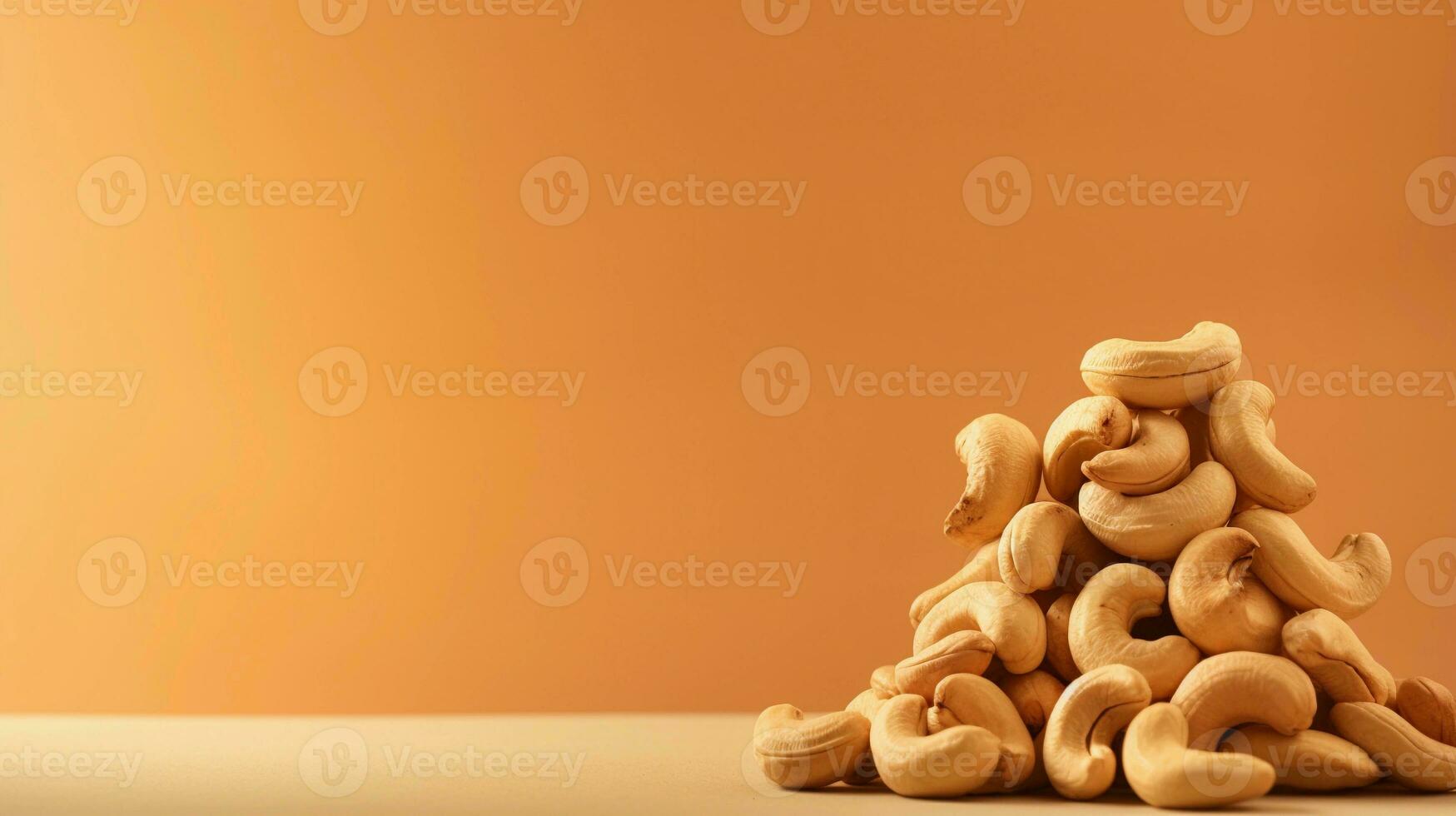 cashews on a light brown background with space for text on the side, background image, AI generated photo