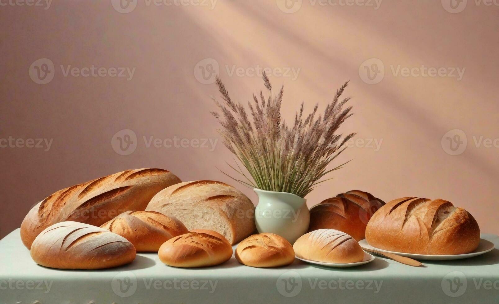 An artfully presented assortment of bread on a pastel-themed table with a serene pastel backdrop with space for text, background image, AI generated photo