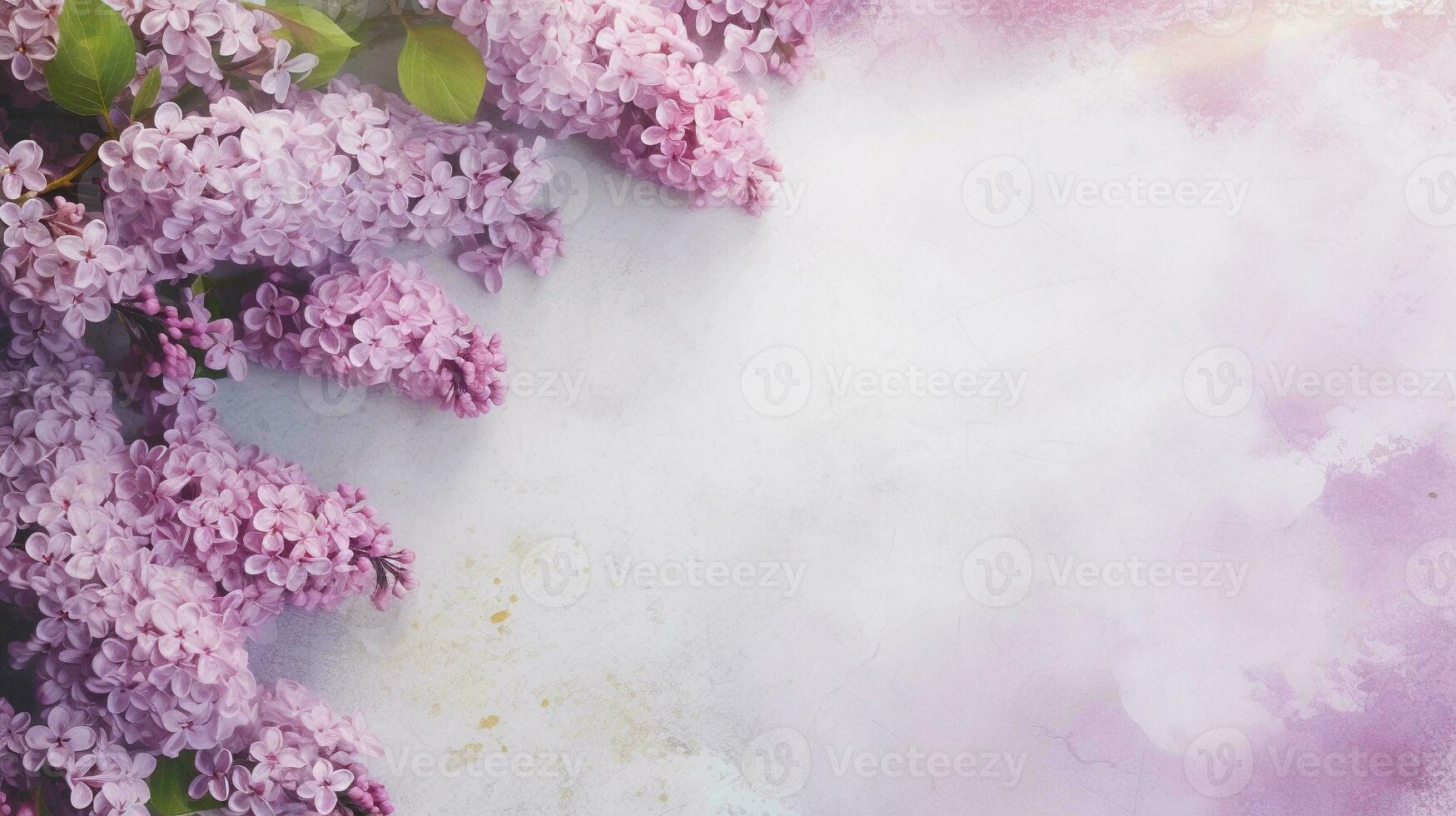 space for text on textured background surrounded by Lilac flowers from top view, background image, AI generated photo