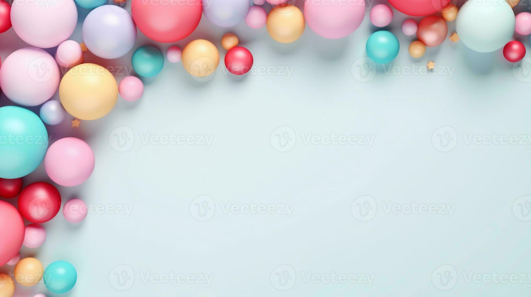 space for text on pastel background surrounded by colorful ball toys from top view, background image, AI generated photo