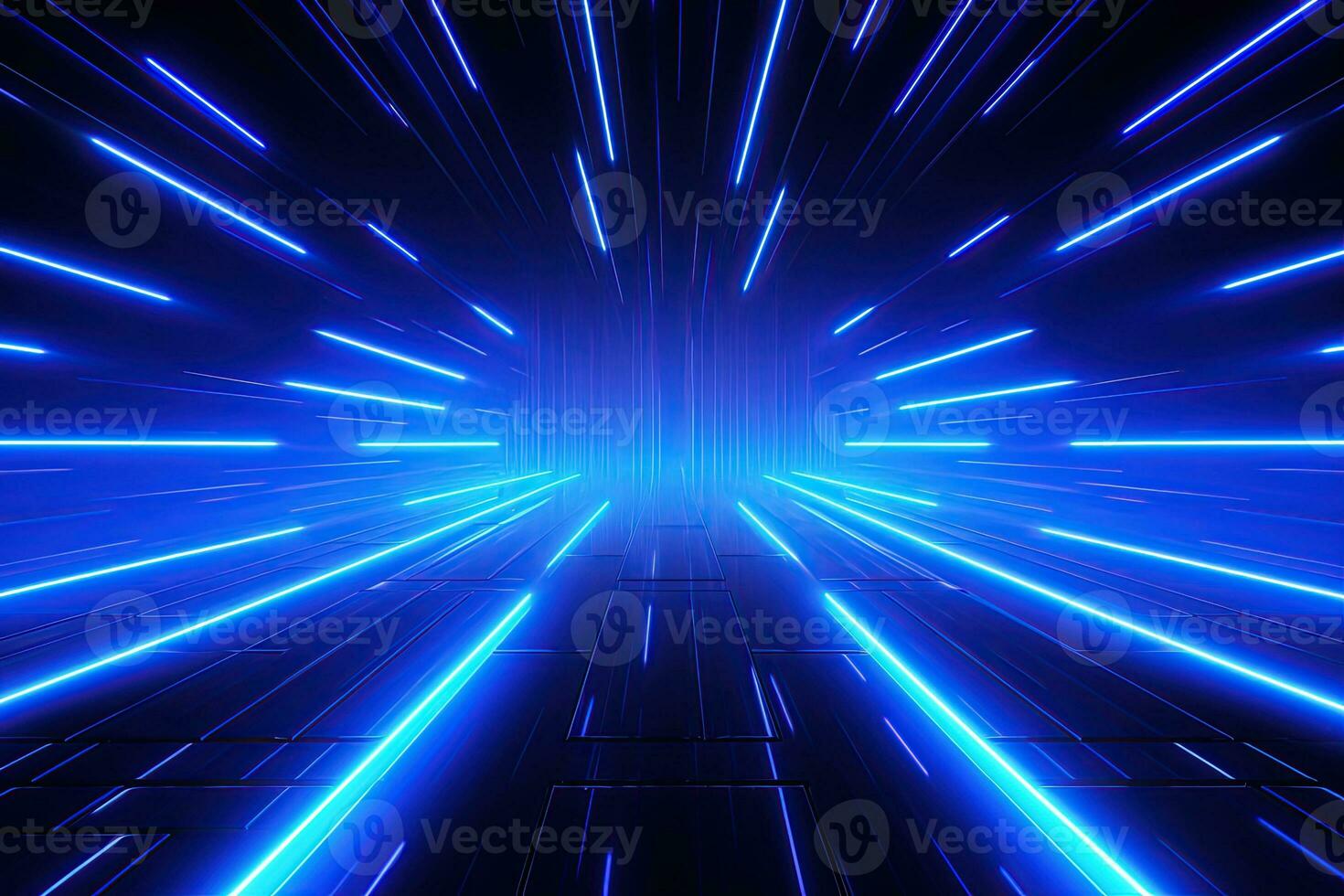 Abstract neon blue background, cyber space, parallel universe, lines, stripes, glow. AI generated photo