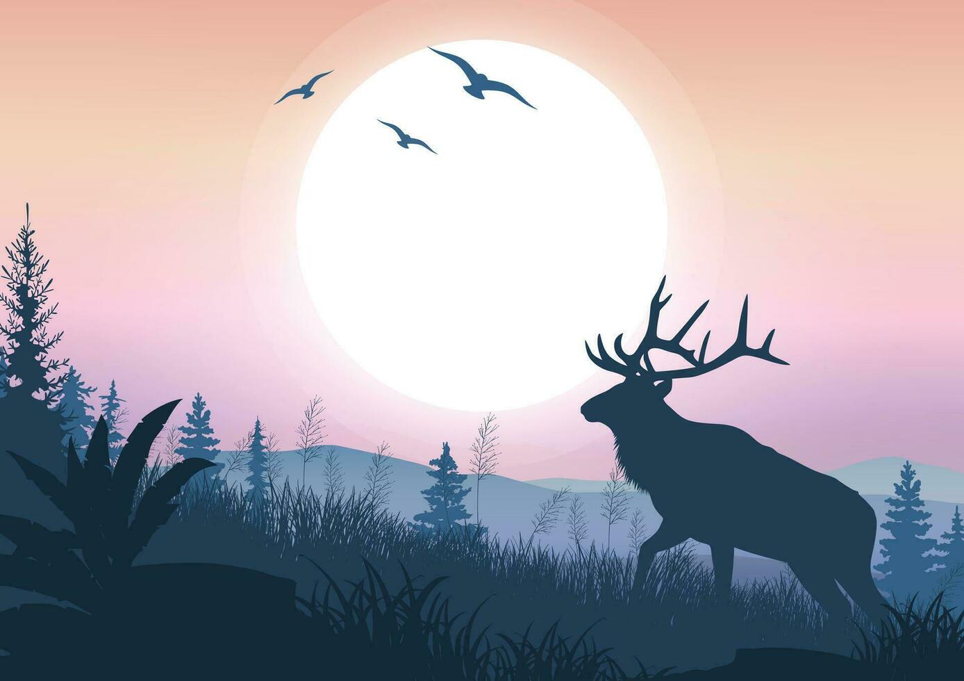 outdoor theme graphics vector art with elk, sun, mountains, birds, pine trees and bushes