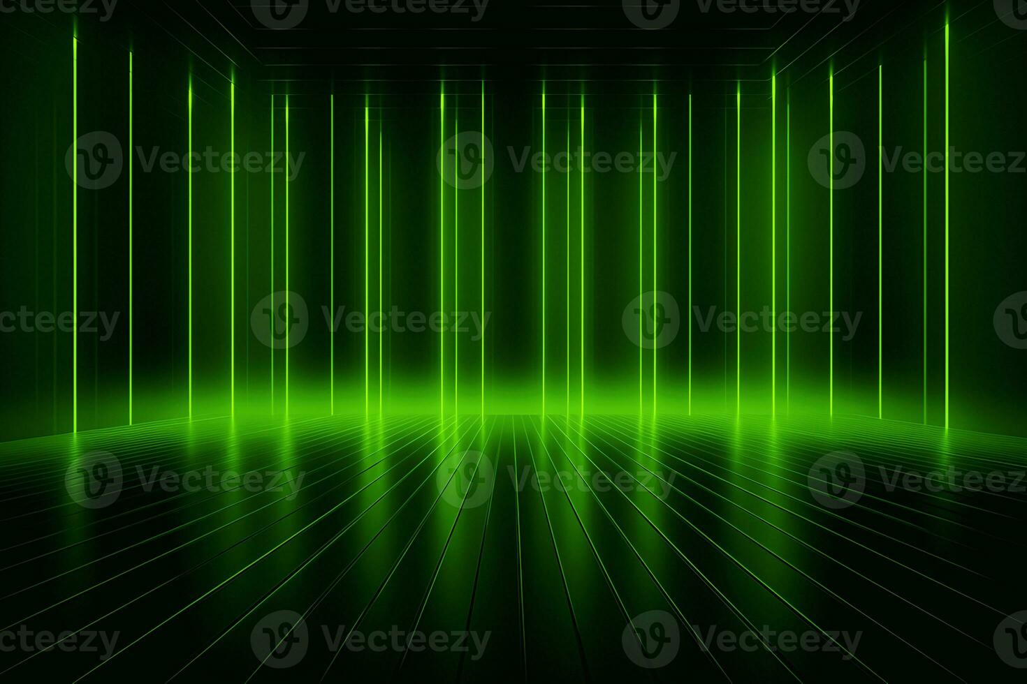 Abstract neon green background, cyber space, parallel universe, lines, stripes, glow. AI generated photo