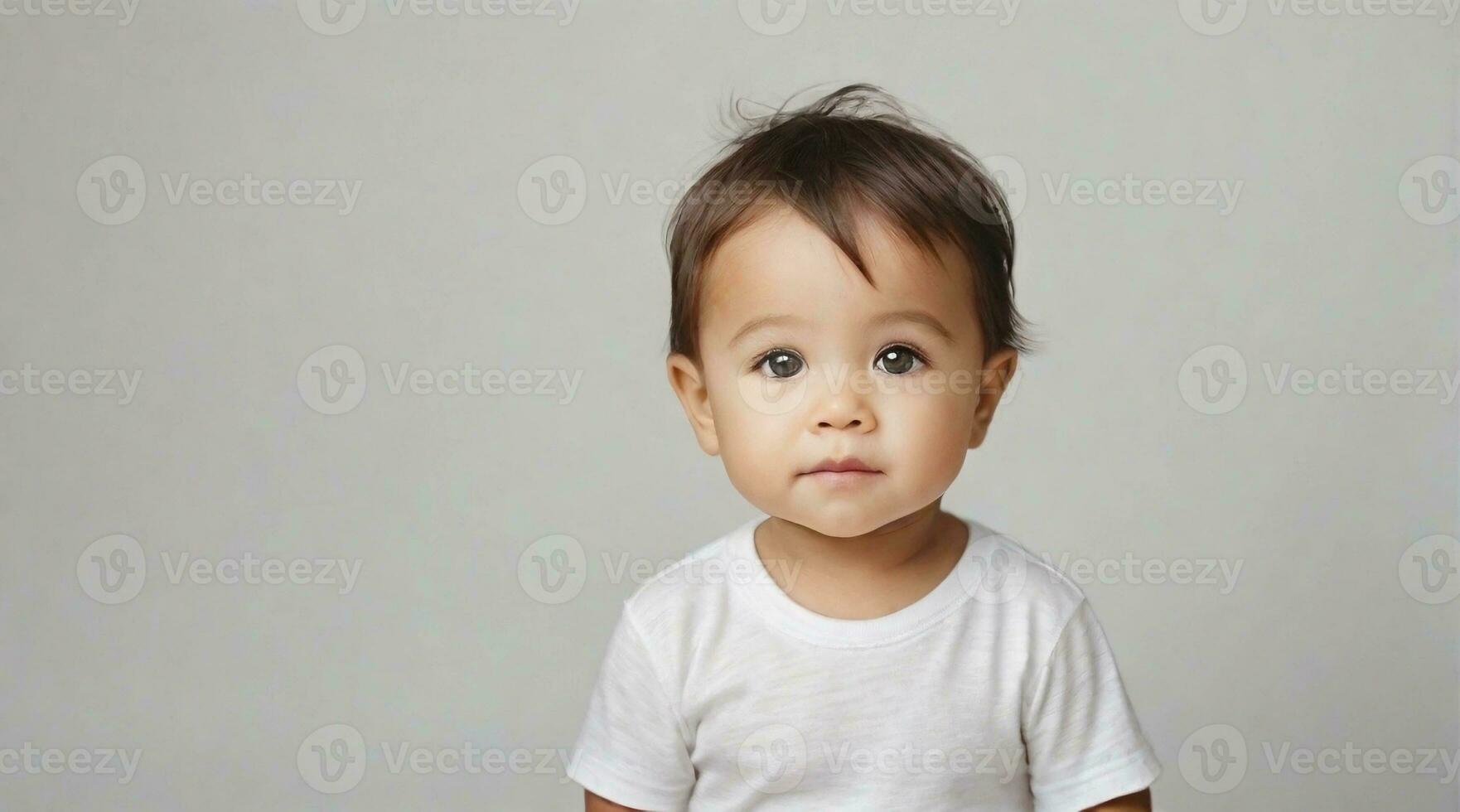 Smiling cute little toddler boy against white background with space for text, children background image, AI generated photo