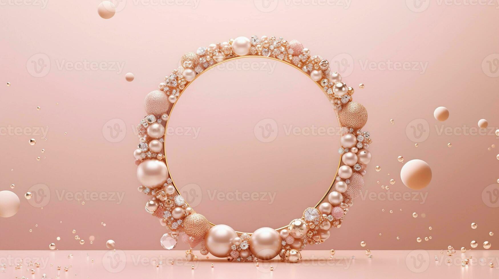 space for text on pastel background surrounded by gold and jewelries, background image, AI generated photo