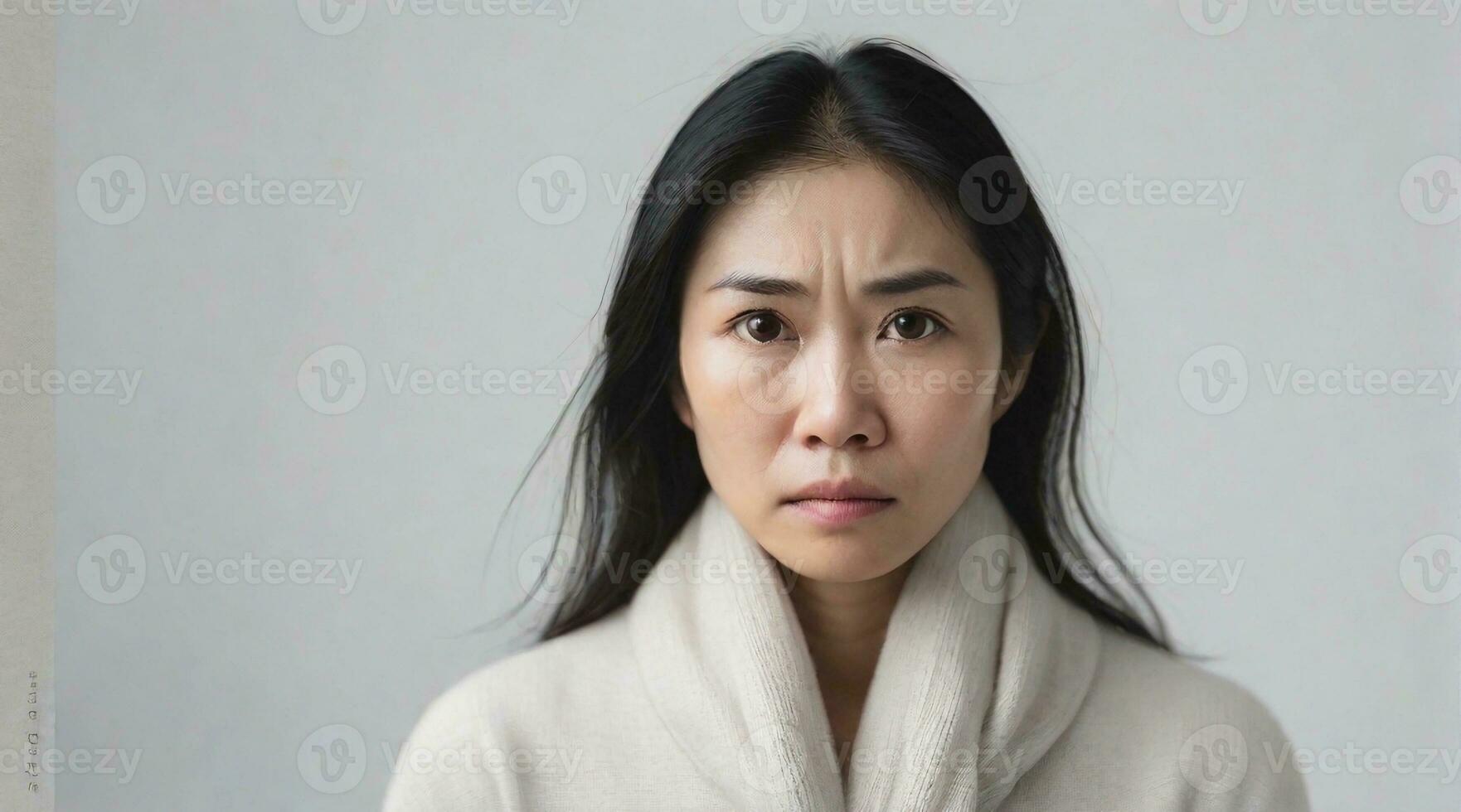 Portrait of an asian woman with a deep sad expression  against white background, background image, AI generated photo