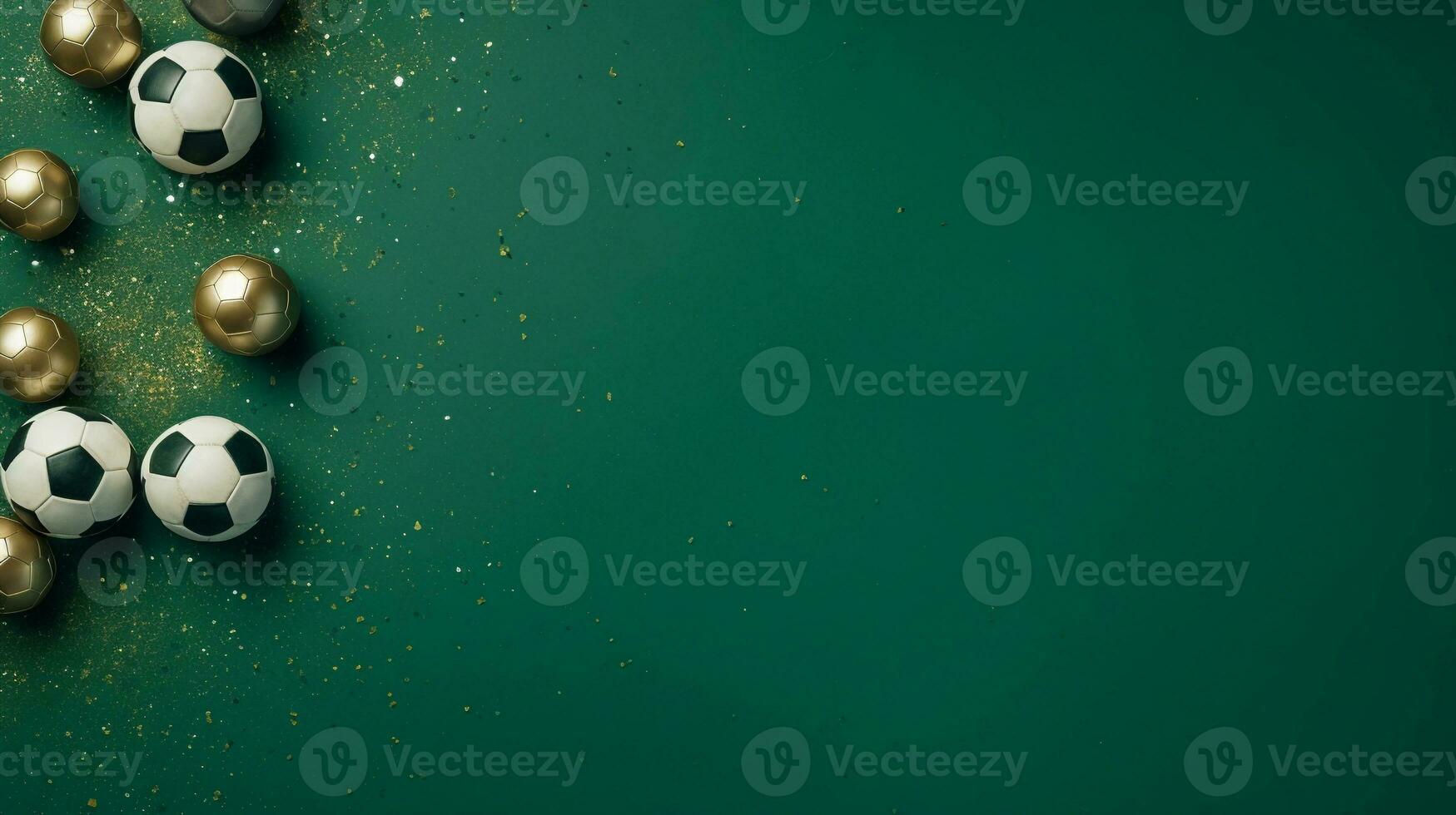 space for text on green textured background surrounded by soccer balls from top view, background image, AI generated photo