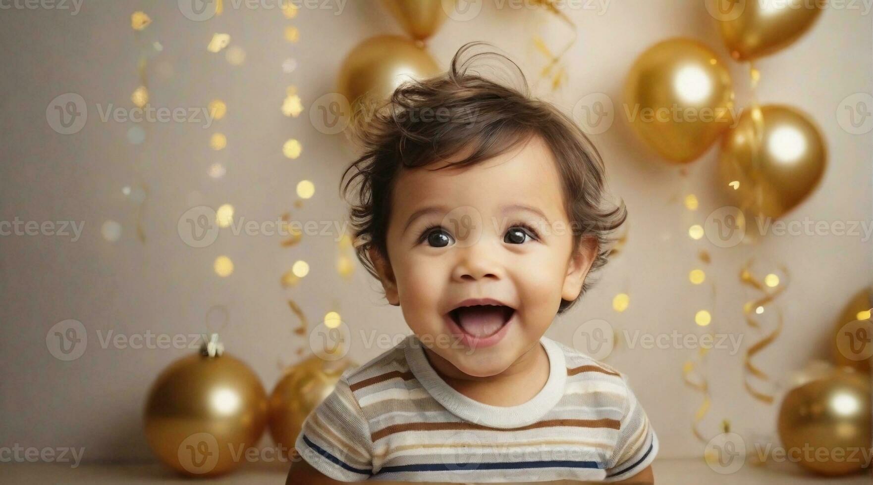 An excited toddler boy against new year's party ambience background with space for text, children background image, AI generated photo