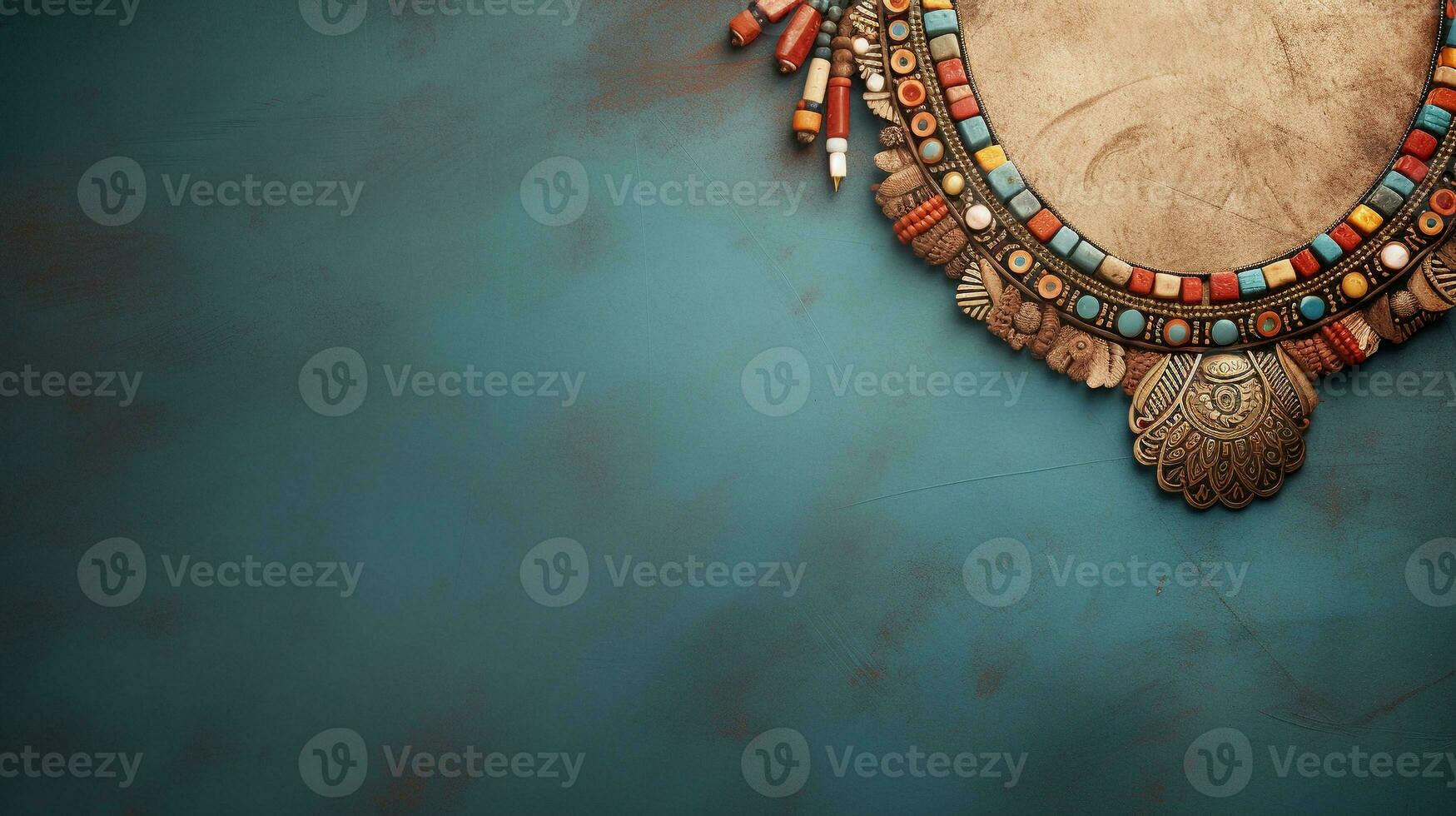 space for text on textured background surrounded by Ethnic or Tribal Jewelry, background image, generative AI photo