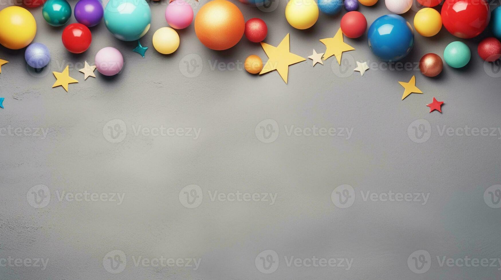 space for text on textured background surrounded by colorful ball toys from top view, background image, AI generated photo