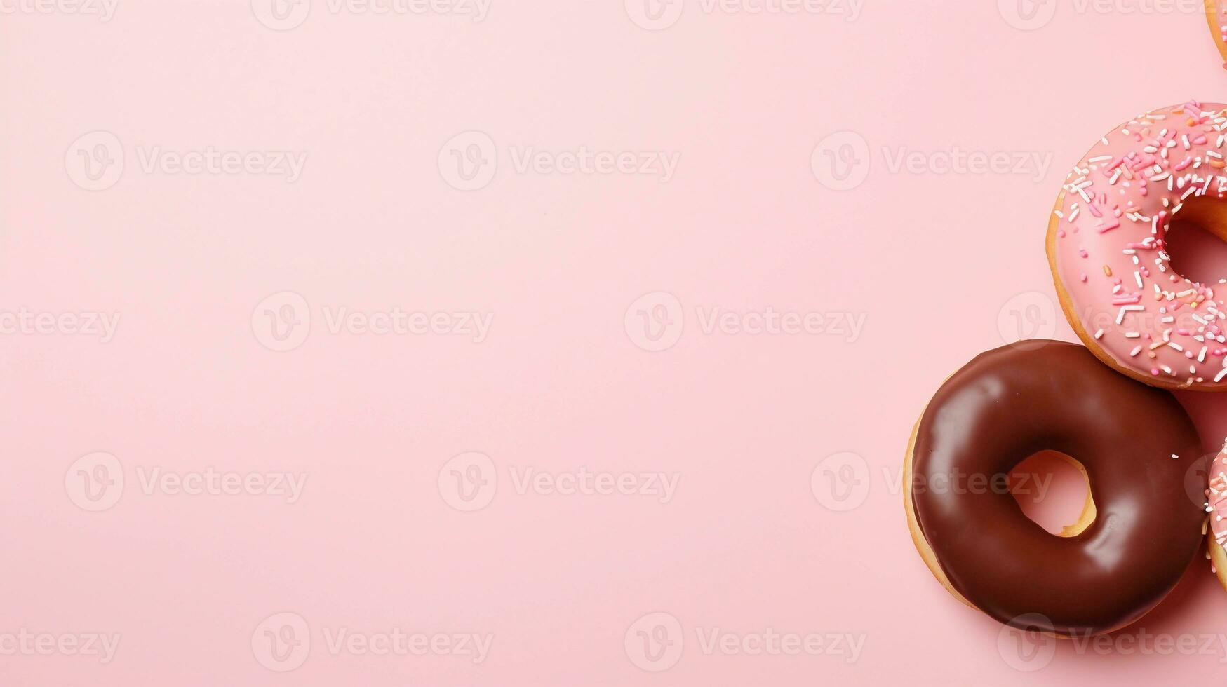 delicious donuts on a light brown background with space for text on the side, background image, AI generated photo