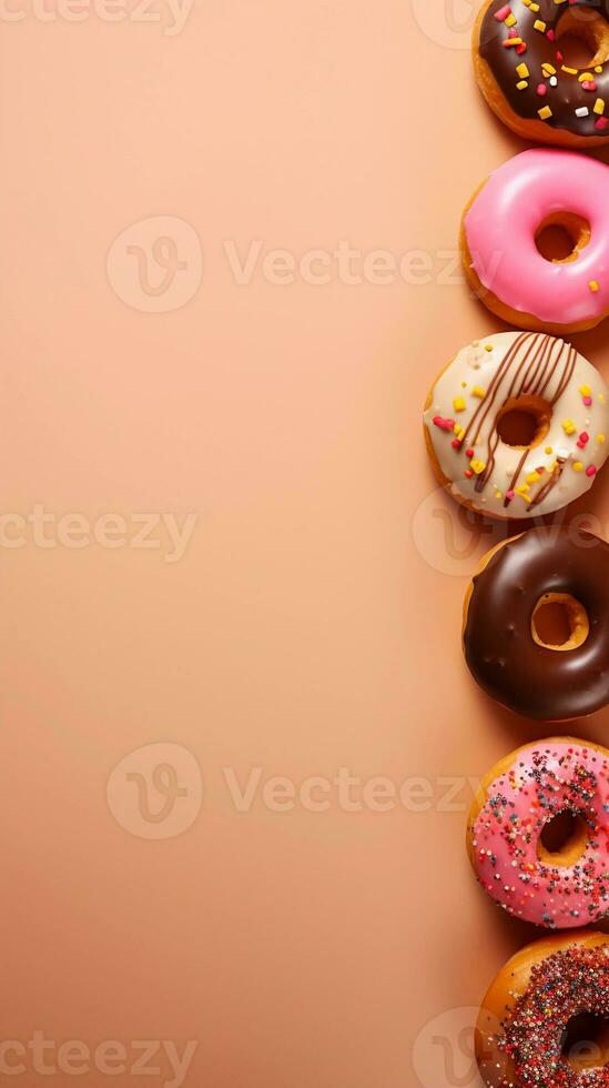 delicious donuts on a light brown background with space for text on the side, vertical format, background image, AI generated photo