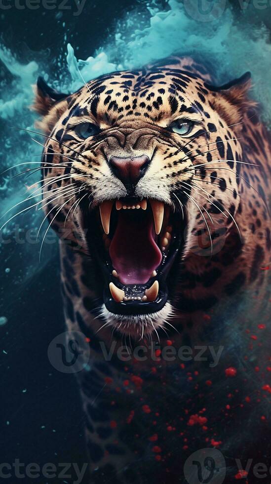 a textured background surrounded by an angry male jaguar in water color style, vertical format, background image, generative AI photo