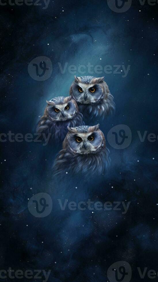 A textured background surrounded by owls from top view, background image, vertical format, generative AI photo