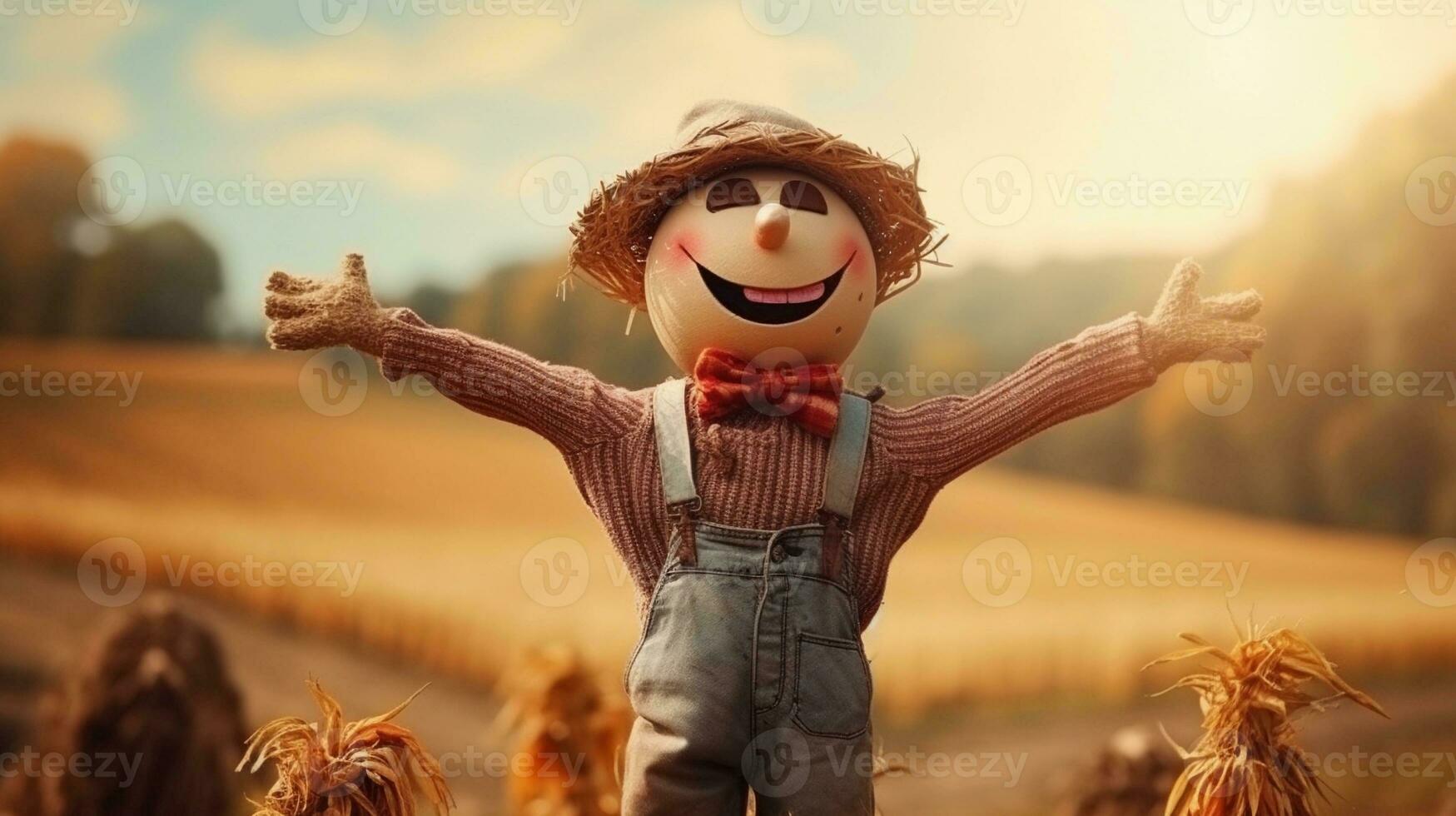 space for text on textured background with funny scarecrow in the field, background image, AI generated photo